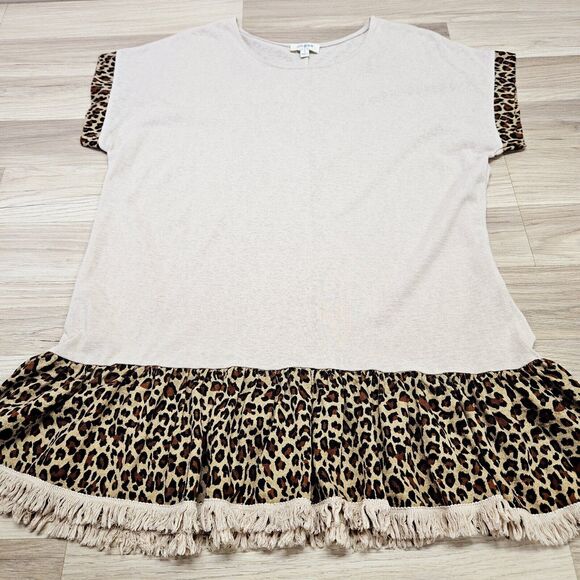 Umgee Womens Tan Animal Print Leopard Trim Cotton Blouse Small - Picture 2 of 8